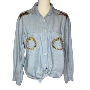 Threads Unlimited Top Blue Button Down Cheetah Embroidered Appliqué Rhinestone